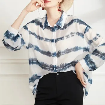 

Tie-dye Ink Stripes Women Blouse 2020 Early Autumn Long Sleeve Loose Lady Shirt Casual Female Blouses and Tops