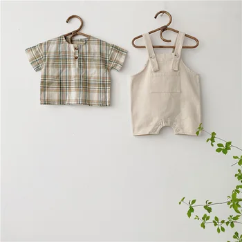 

3443 Children's Wear Baby Round Neck Short Sleeve Plaid Shirt Denim Strap Shorts Pants Two Piece Suit Boy Clothing Set Kids