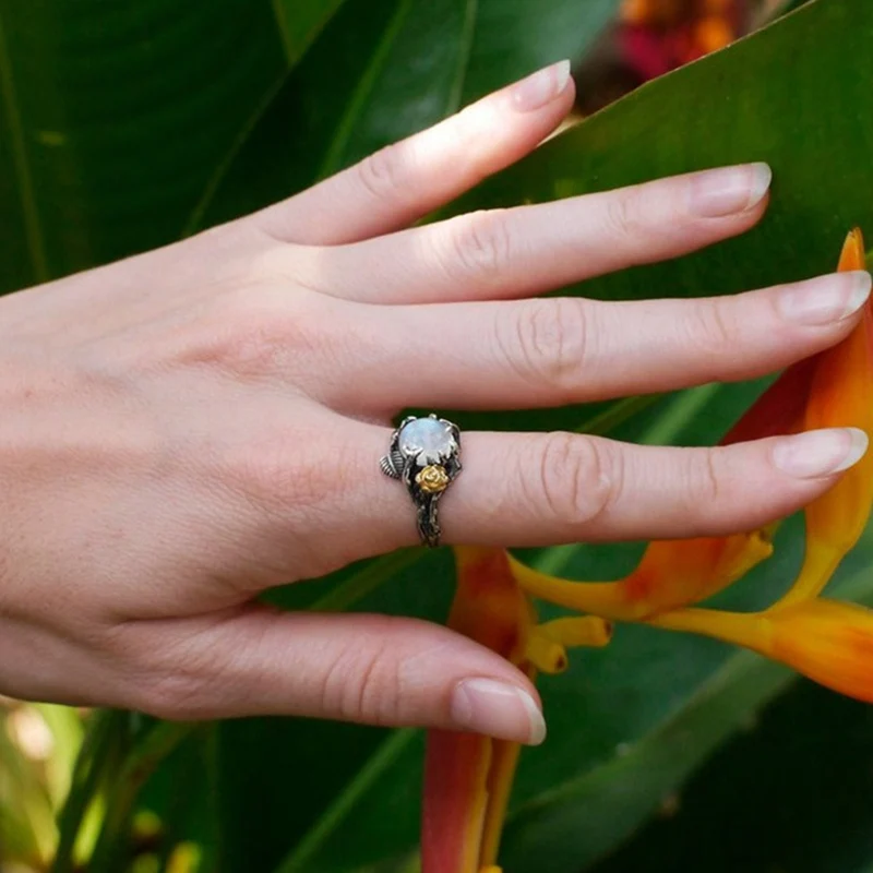 Crystal Rings Engagement Rings Stone Rings Fashion Rings Finger Rings Fashion Ring Metal Rings Vintage Retro Tree Leaf Natural Moonstone Stone Rings for Women Engagement Christmas Jewelry Gift