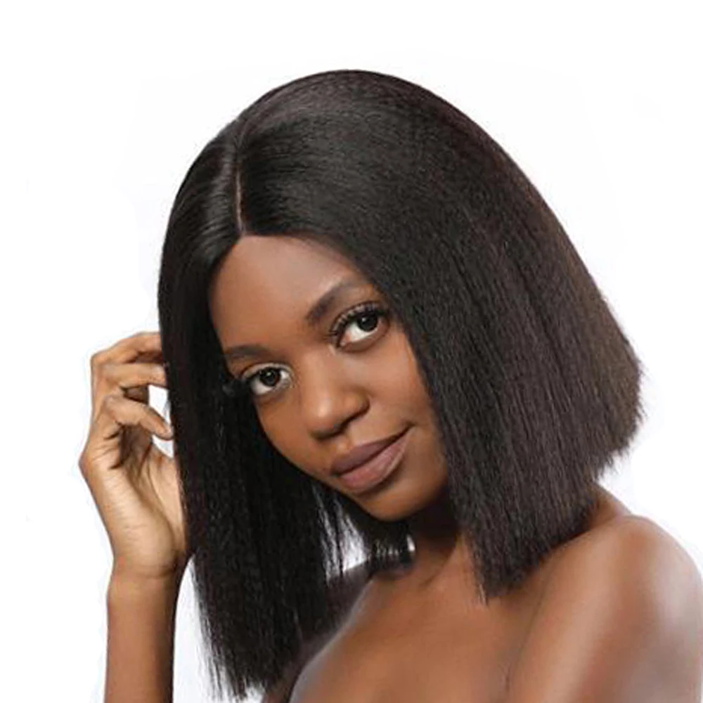 

Afro Kinky Straight Bob Wigs With Middle Hairline Synthetic High Temperature Fiber Hair Yaki Straight Bob Wigs For Black Women