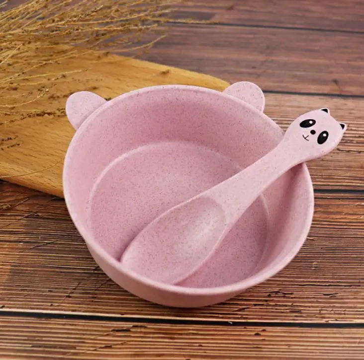 Pink Детская миска для риса простая Милая в форме панды чаша ложка набор пшеницы разлагаемая изоляция анти-миска для горячего супа - Цвет: Pink