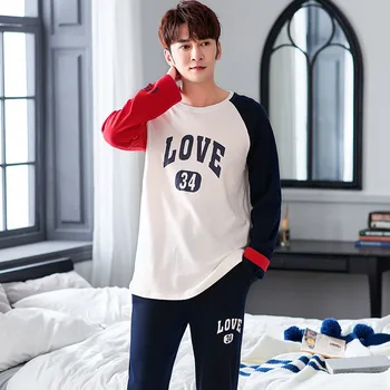 

14 Style Pajamas Set Men's Autumn Pure Cotton Long Sleeve Trousers Round Neck Pullover Pijamas Simple Cotton Home Clothes