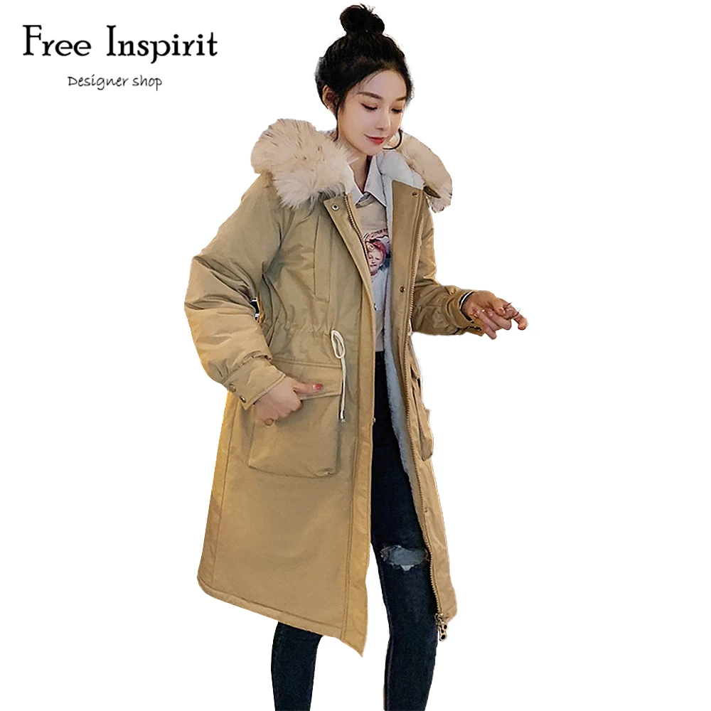 

Free Inspirit New Arrival Women's Long Coat Warm Fashion Big Fur Hair Collar Pocket Drawstring Parkas