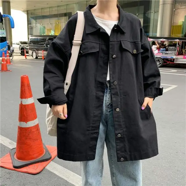 

Spring and Autumn Korean Style 2020 Retro All-match Loose Mid-Length Jeans Coat