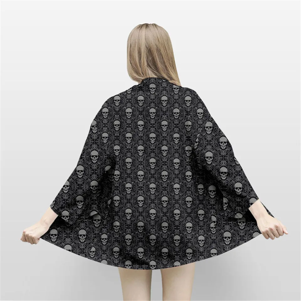 Japanese Harajuku Kimono Skull Print Vintage Blouse Sunscreen Yukata Cardigan Jacket Women and Man Shirt Asian Clothes | Тематическая