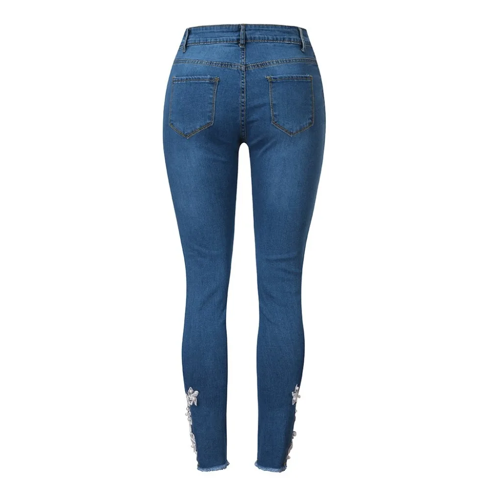 Рваные Цветочные кружевные бисероплетенные джинсы женские сексуальные эластичные узкие брюки с высокой талией обтягивающие узкие женские джинсовые брюки 35
