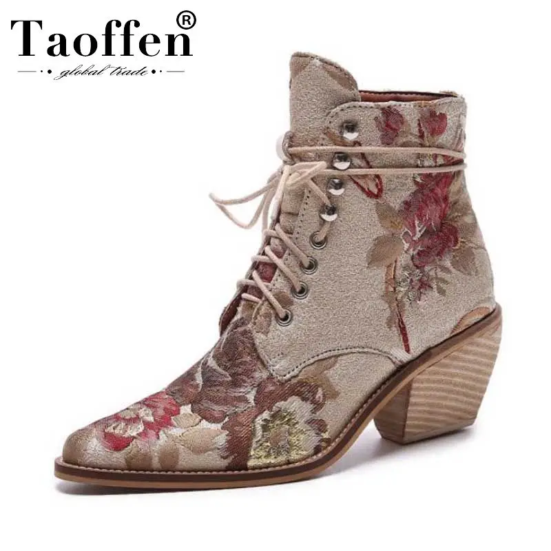 Taoffen Office Ladies Work Ankle Boots High Quality Pointed Toe Winter Short Flower Chunky Heels Shoes Women Size 35-43 | Обувь