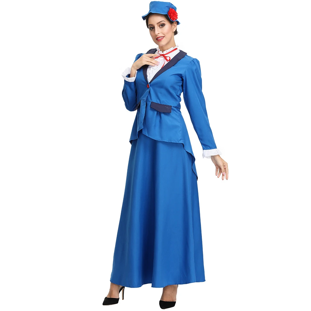 Mary Poppins Косплей Костюм викторианская няня маскарадное платье винтажное Edwardian стиль синее платье костюмы на Хэллоуин для женщин