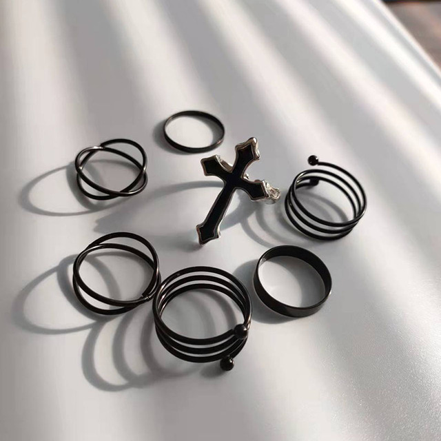 Women Ring Set Punk Cool Anillos Vintage Simple Black Cross Chain Joint Rings Sets Women Accessories Jewelry Gifts Party