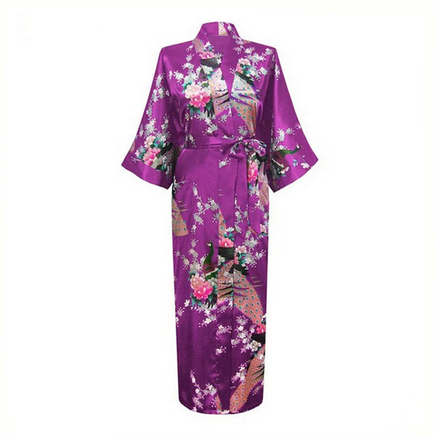 Japanese Kimono Sexy Bride Bridesmaid Wedding Dressing Woman Japanese Kimono Dress Peacock Print Satin Silk Yukata Bathing Robe Nightgown