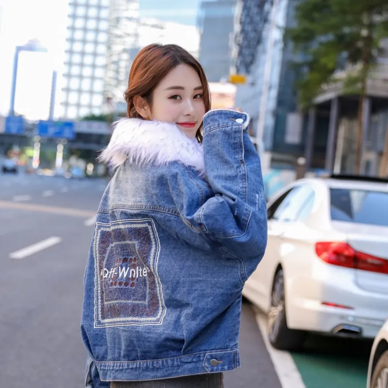 

Video Photo Shoot 2018 Winter Korean-style Loose-Fit Brushed And Thick Deconstructable Large Fur Collar Cowboy Cotton-padded Clo
