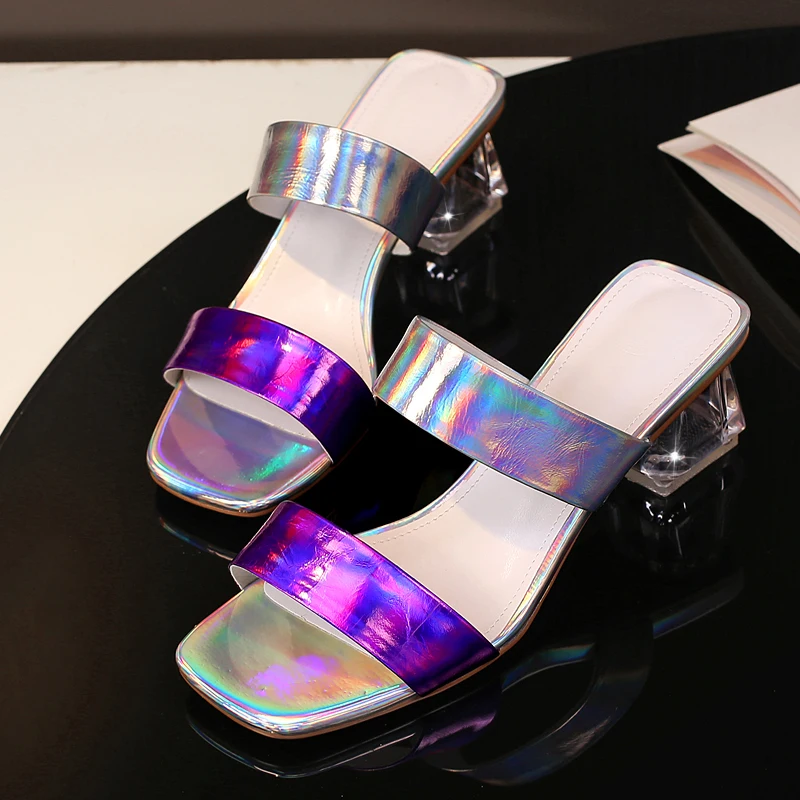 

Plus size 34-42 women's genuine leather mix color high heel sandals leisure comfortable slides female casual mules pumps shoes