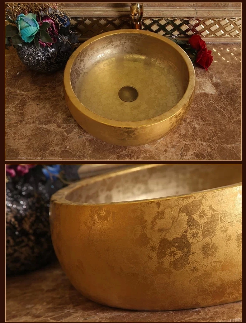 Europe Vintage Style Ceramic Art Basin Sinks Counter Top Wash Basin Bathroom Vessel Sinks vanities round wash basins with gold (2)