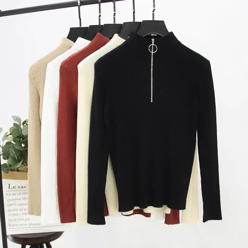 

Autumn Women Sweaters Ladies Sweaters Zipper Stretch Long Sleeve Plain Top Knit Long Sleeve Comfortable Sweater
