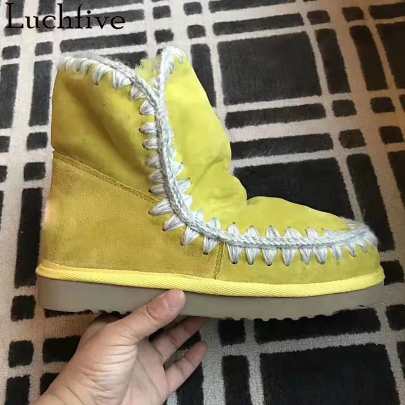 yellow Зимние ботинки из вязаной замши и шерсти; Полусапоги с круглым носком; женская обувь без застежки для подиума; женские ботильоны коричневого и черного цвета - Цвет: yellow