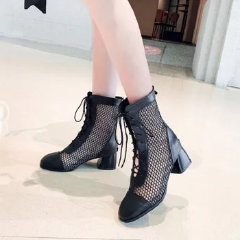 

Women's luxury brand spring / summer 2020 boots black white mesh temple design chunky high heel women ankle boots size 34-43