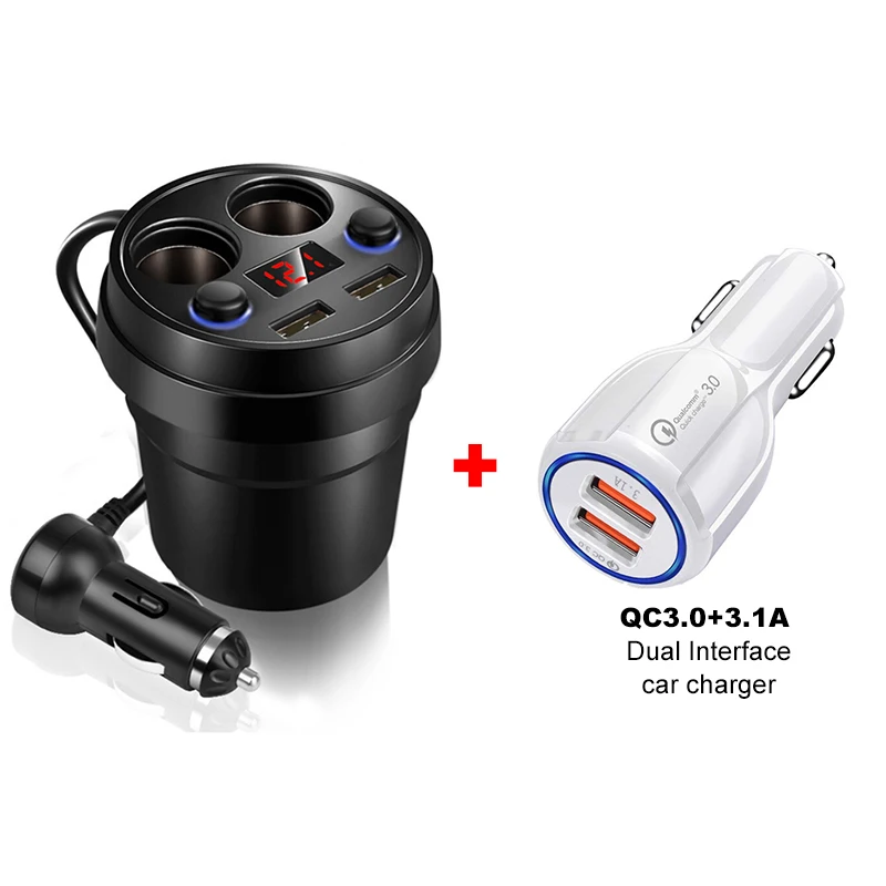 2in1white Автомобильное зарядное устройство, зарядное устройство для мобильного телефона, автомобильное зарядное устройство А, два USB, один на четыре прикуривателя, автомобильное зарядное устройство для iphone x, xiaomi, samsung, s10 - Тип штекера: 2in1white