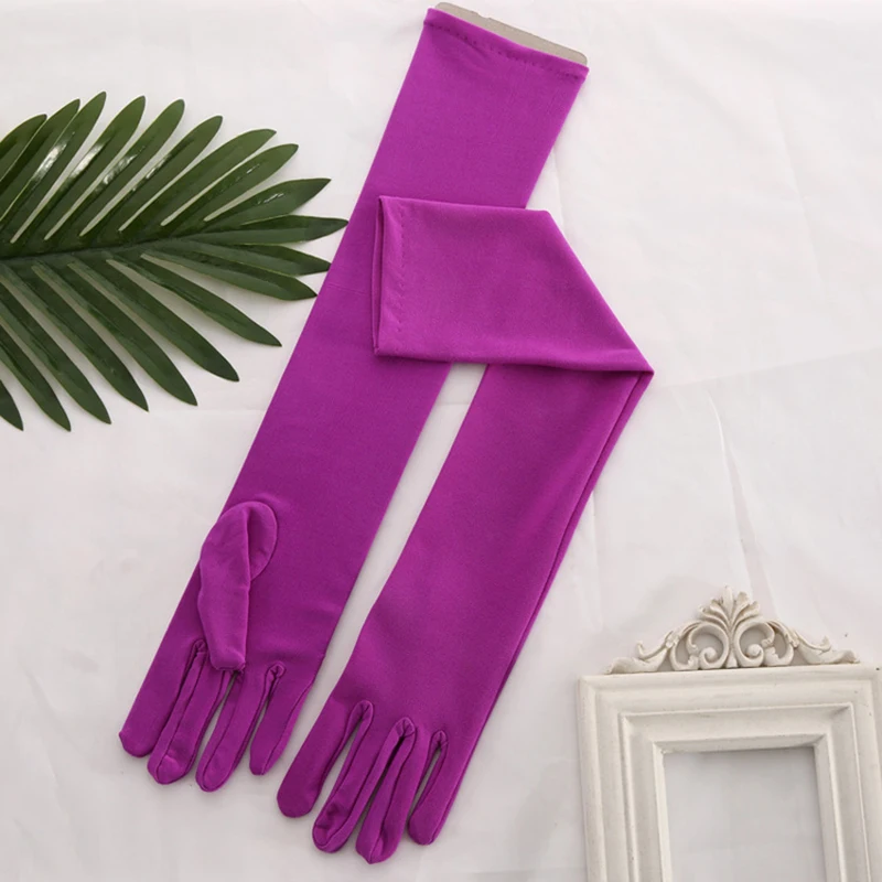 violet red Белая эластичная атласная перчатка, длинные перчатки, черные, красные, длина до локтя, женские перчатки для танцевальной вечеринки, полный палец, Guantes Boda - Цвет: violet red