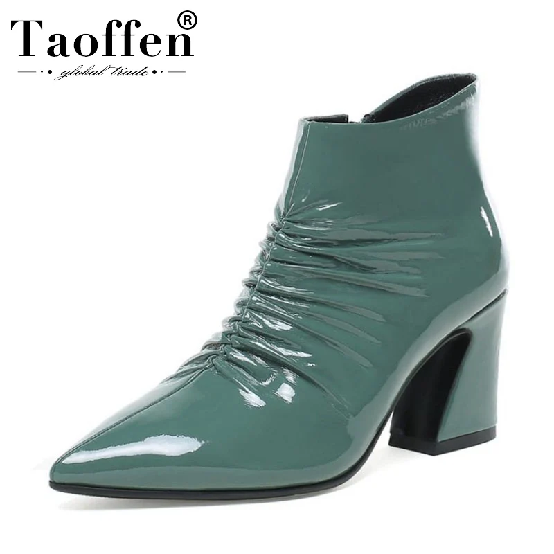 

Taoffen Women Real Leather Ankle Winter Hoof Heel Boots Side Zipper Shoes Women Classic Pointed Toe Boots Size 34-43