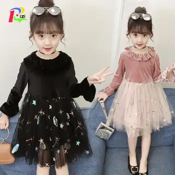 

Rizi 2019 Spring New Girl Long Sleeve Dress Children's Gold Velvet Mesh Princess Dress Toddler Girl Spring Clothes