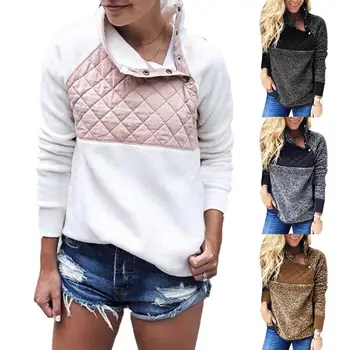 

Color Block Buttons High Neck Long Sleeve Fuzzy Sweatshirt Women Loose Pullover