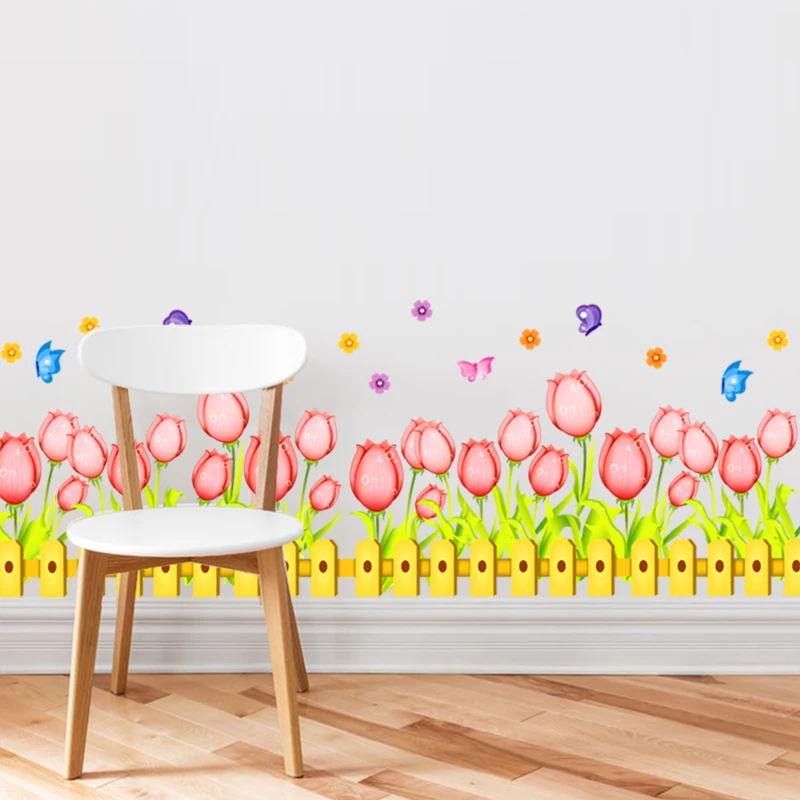 

[shijuekongjian] Tulips Baseboard Sticker PVC Material Flower Wall Decals DIY Home Decor for Living Room Bedroom Decoration