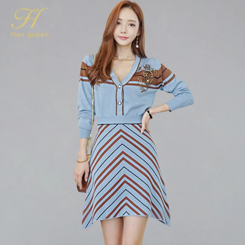

H Han Queen New Autumn Winter Vintage 2 Pieces Set Women Korean Style Floral Knitted Cardigan Sweaters And Striped A-line Skirts