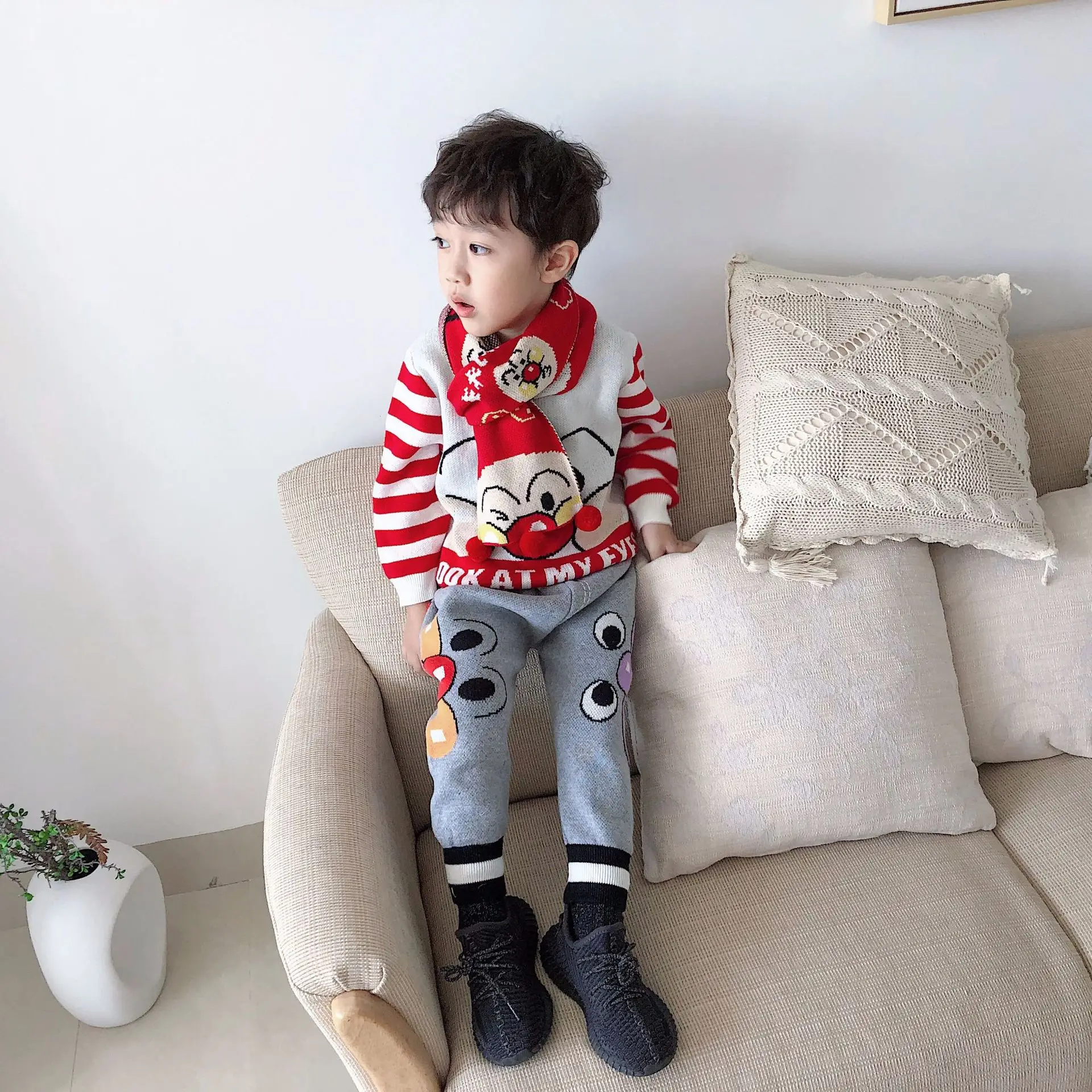 Tonytaobaby/осенне-зимняя одежда; стиль; Детский свитер; вязаная детская одежда с мультяшным рисунком; полосатые цветные рукава