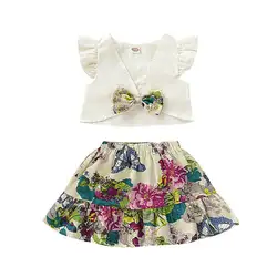 Одежда для маленьких девочек топы с оборками и v-образным вырезом и бантом + юбка с цветочным принтом комплект одежды из 2 предметов