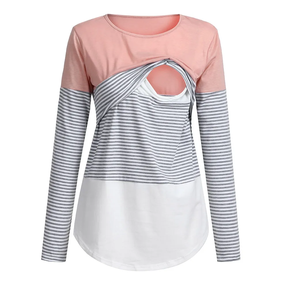 Pink Одежда для беременных; футболка в полоску для кормящих и кормящих; Одежда для кормящих; топы с длинными рукавами и круглым вырезом; футболка; Одежда для беременных - Цвет: Pink