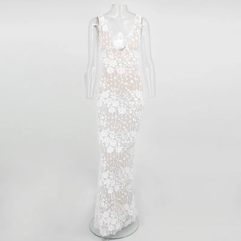 Joyfunear шифоновое женское платье миди лето осень Vestido Новое Вечернее платье без рукавов с v-образным вырезом Bodycon Sequin Цветочные Сексуальные Платья - Цвет: White