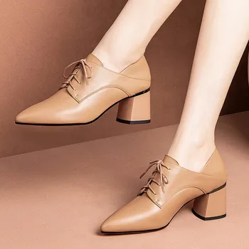 

MLJUESE 2020 women pumps Soft Cow leather autumn spring black color lace up pointed toe high heels shoes party dress size 33-42