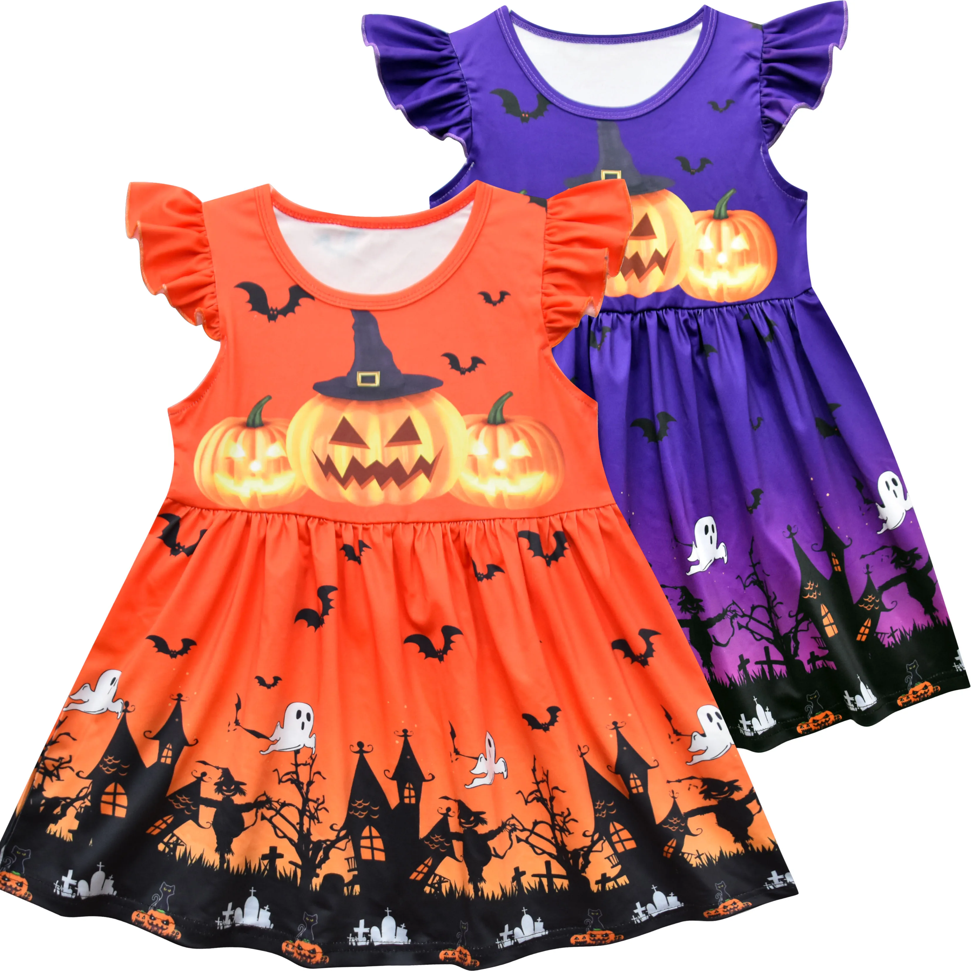 

Baby Girls Princess Halloween Pumpkin Bat Skeleton Printed Flying Sleeve Dress Party Costume Clothes