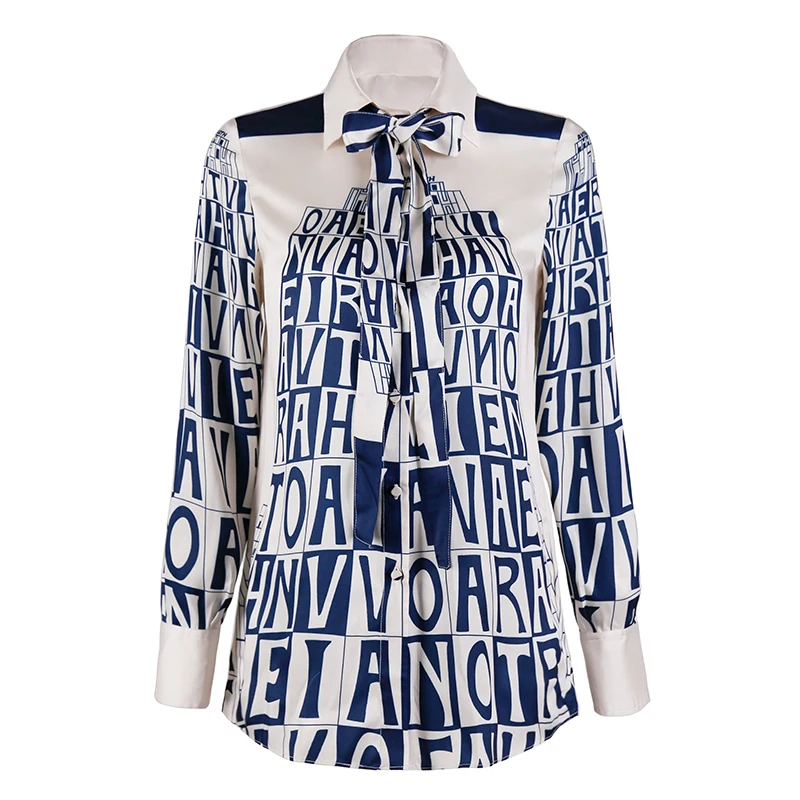 

Merchall High Quality Runway Blouse Women Designer Turn Down Collar Shirts Elegant Tie Letter Print Blouse Office Ladies Tops