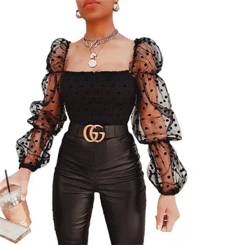 

Women Square Collar Shirt 2020 Summer Puff Ruffle Long Sleeve Polka Dot Ladies Shirt White Black Casual Ruched Blouse Tops