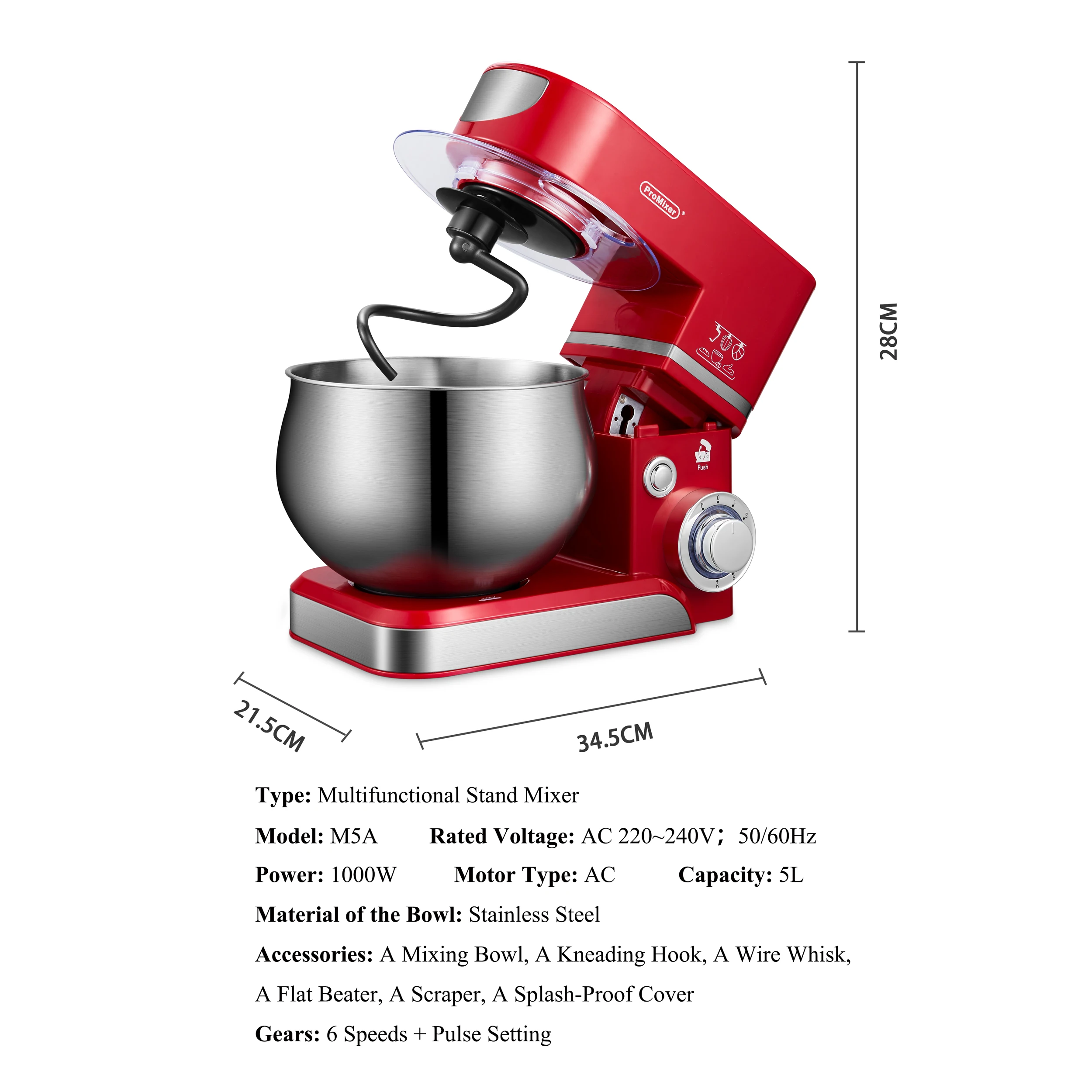 ProMixer M5A 5L6speedStainless Steel BowlPlanetary Stand MIXERCream Egg Whisk Blender Cake Dough Bread Maker Machine
