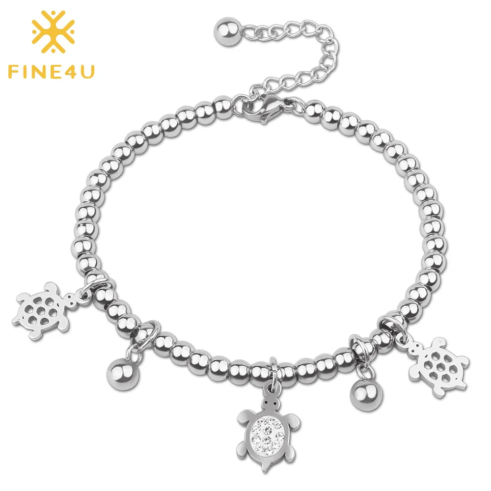 

FINE4U B185 Cute Tortoise Charms Bracelet For Men Women Adjustable Stainless Steel Beaded Bracelets Crucifix Male Female Jewelry