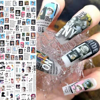 

1pc Newspaper Nail Sticker Abstract Women Image Vintage 3D Adhesive Decals Flower Nail Slider Tips