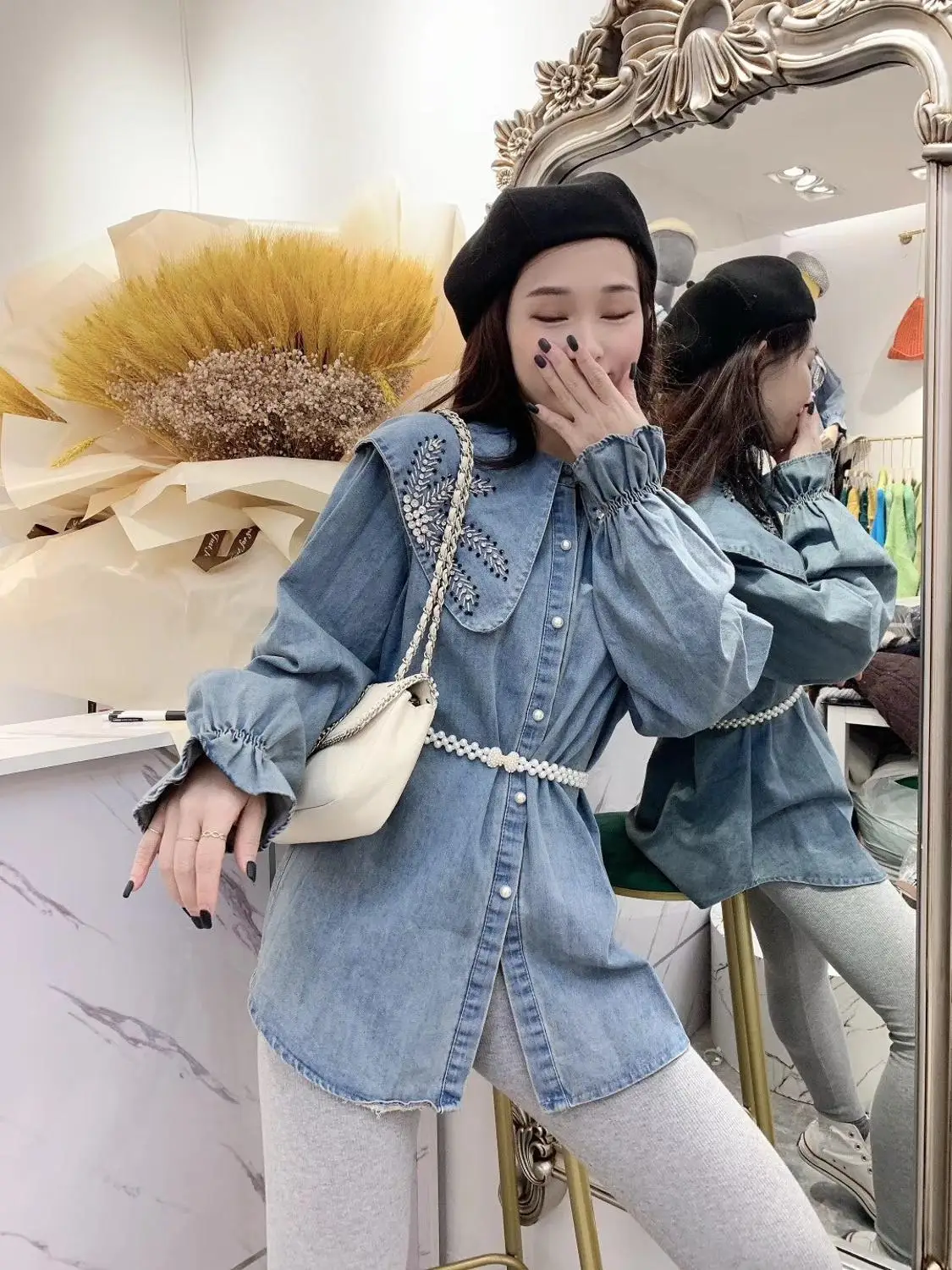 WHITNEY WANG, блузки,, Весенняя мода, уличная одежда, 3D кружева, цветы, бриллианты, Джинсовая блузка для женщин, Blusas, женская джинсовая рубашка, Топ