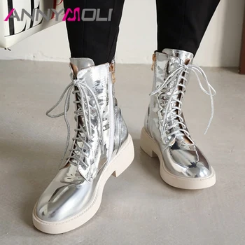 

ANNYMOLI Zip Med Heel Motorcycle Boots Woman Platform Thick Heel Mid Calf Boots Lace Up Female Shoes Autumn White Silver Size 43