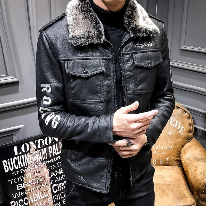 

2019 New Style Leather Coat Men Fur PU Leather Jacket Locomotive Fold-down Collar Men's Thick Leather Coat Korean-style Slim Fit