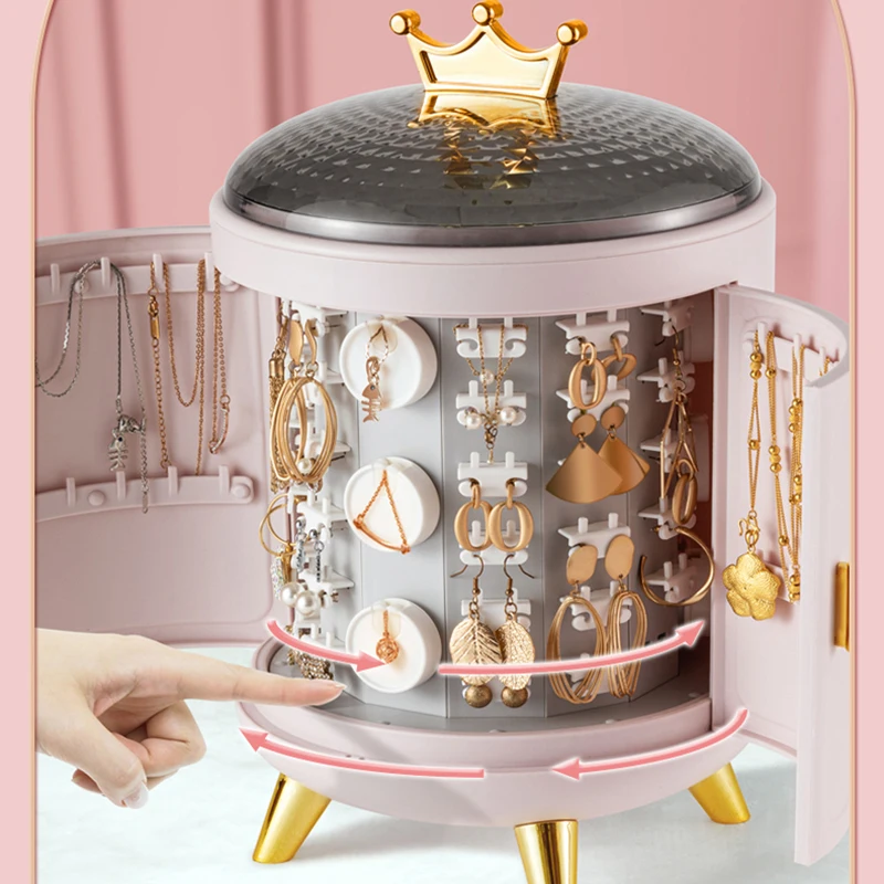 Crown 360 Rotating Jewelry Organizer Earring Ring Display Cosmetic Storage Box Necklace Desktop 2022 Dropshipping | Дом и сад