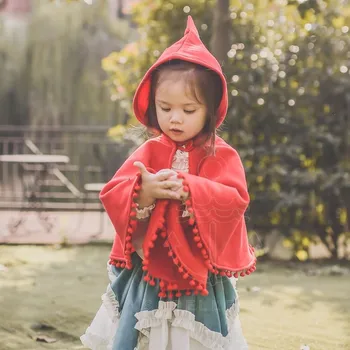 

Winter Spanish Girls Red Hairball Hoodcape Cape Jacket Little Red Riding Toddler Girl Winter Clothes Children New Years Clothes