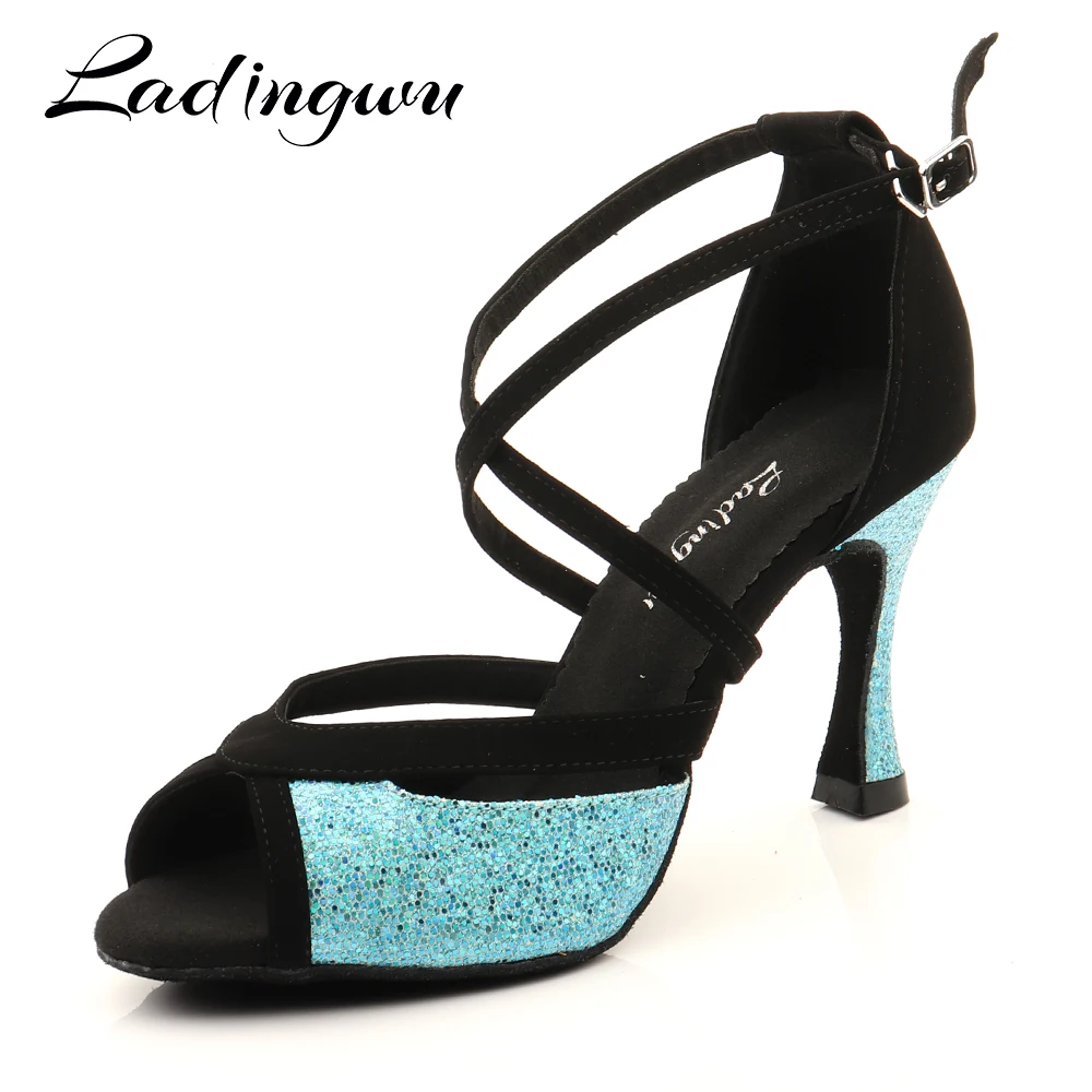 

Ladingwu Latin Dance Shoes For Women Black Suede and Blue Glitter Salsa Dance Shoes Women's Ballroom Dance Sandals