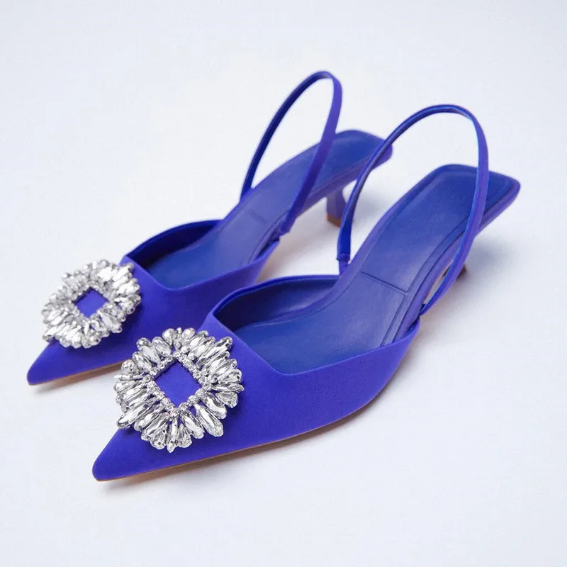2021 New Women's Shoes Pointed Toe Shallow Nude Pink Diamond Shoes Low Heel Back Strappy Shoes Women