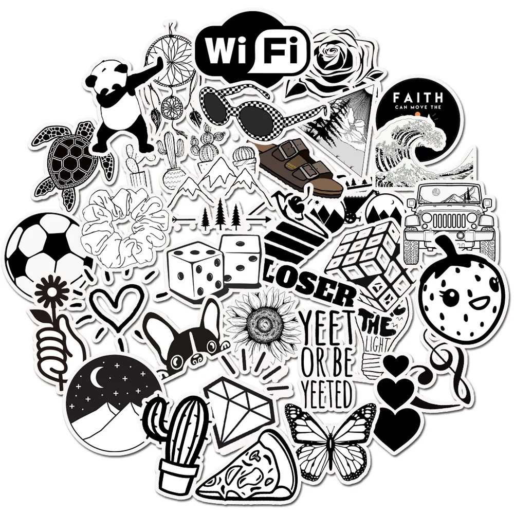 

50 Pcs New Black and White Vsco Cartoon PVC Toys Cool Stickers for Kids Children Luggage Notebook Laptop Sticker