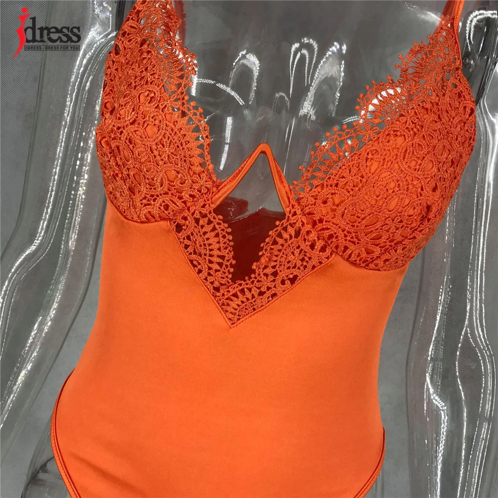 IDress 2020 New Sexy Satin Bodysuit Top Lace Flower Embroidery Body Top Women Skinny V Neck Steel Ring Bodysuit Summer Overalls (14)