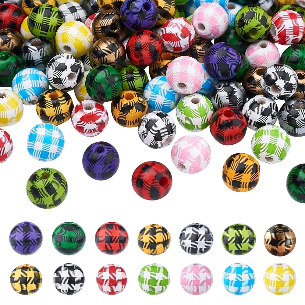 16mm Wood Buffalo Plaid Beads Natural Wooden Beads Christmas Round Balls Spacer Beads for Jewelry DIY Bracelets Garland Handmade