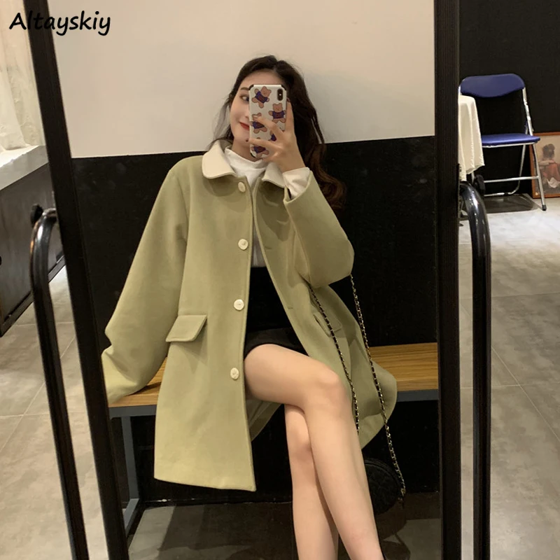 Шерстяное пальто средней длины для женщин, зеленое, милое, для девочек, с большими карманами, прямое, свободное, подходит ко всему, простое, студенческое, повседневное, милое, шикарное, Harajuku