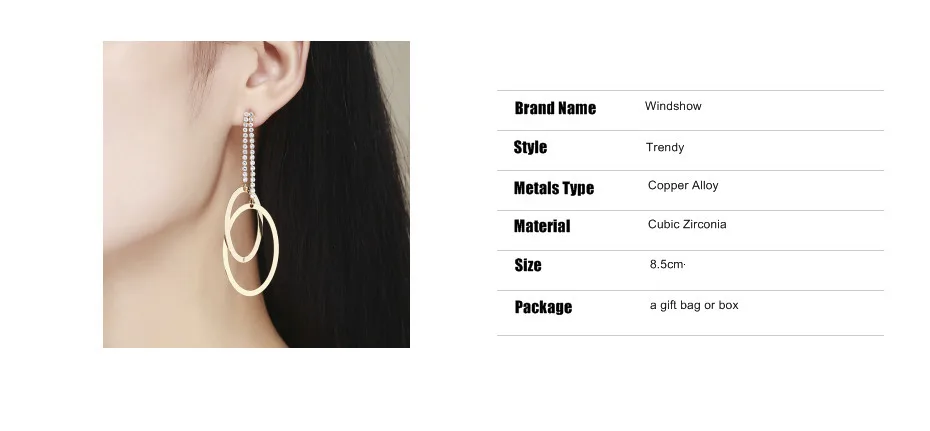 Роскошные двойные CZ цепи связанные овальные кольца круги длинные висячие серьги для женщин золотой цвет Bijoux Ювелирные изделия Aros Pendientes
